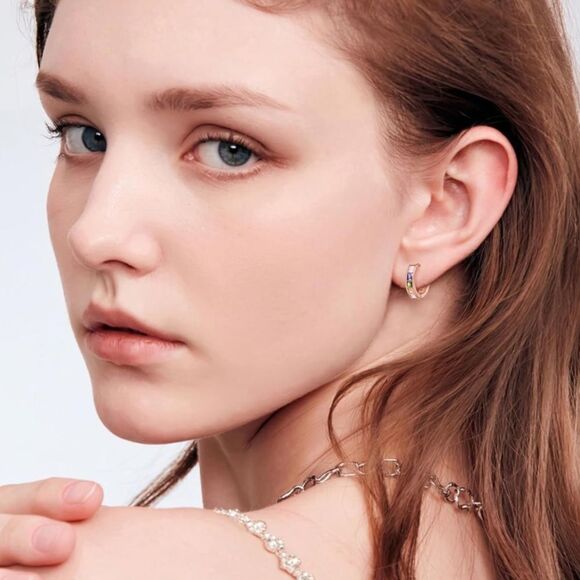 14K Rose Gold with Multicolored Cubic Zirconia Princess Cut Huggie Earrings - Picture 4 of 5